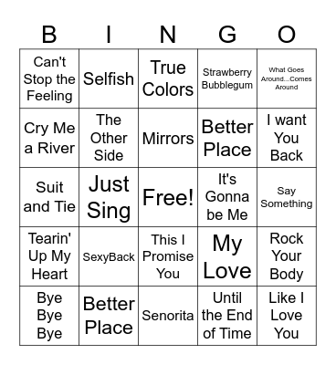 Justin Timberlake Bingo Card