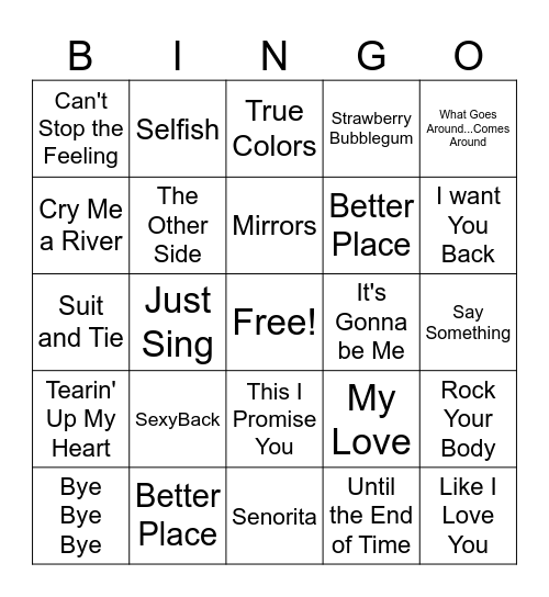 Justin Timberlake Bingo Card