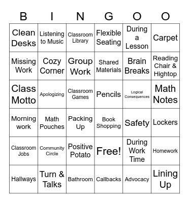 Classroom Expectations Bingo Card