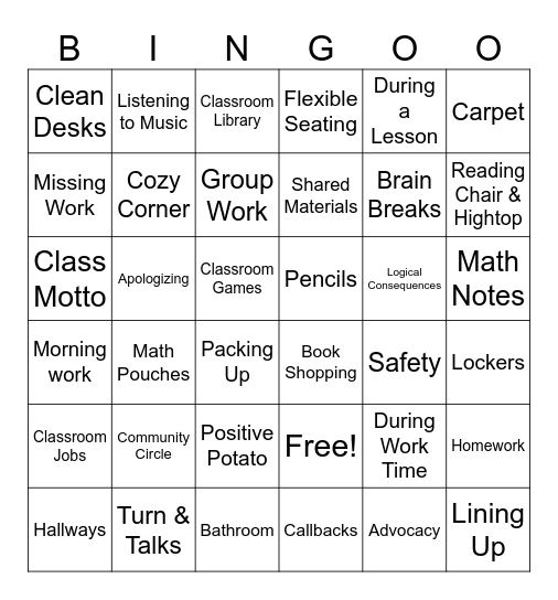 Classroom Expectations Bingo Card