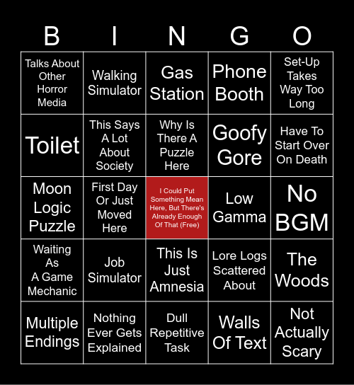 Indie Horror Game Bingo Card