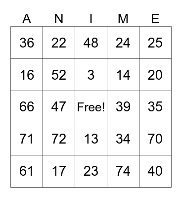 Anime Bingo Card