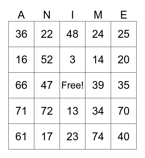 Anime Bingo Card