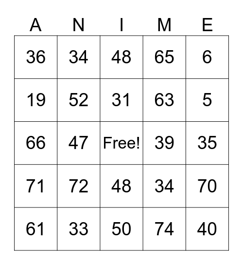 Anime Bingo Card