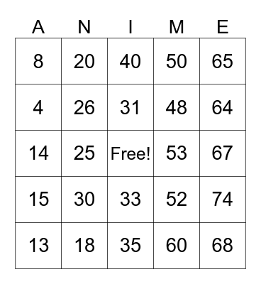 Anime Bingo Card