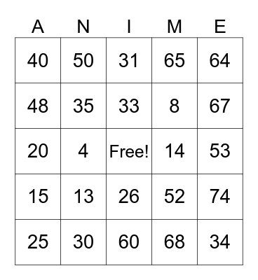 ANIME BINGO Card