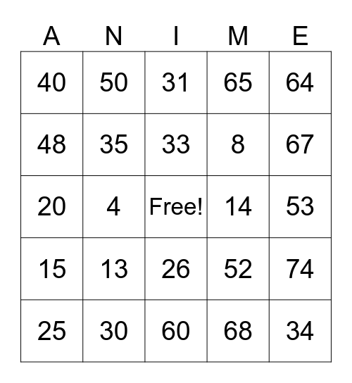 ANIME BINGO Card