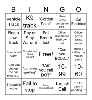 Police Dispatcher Bingo Card