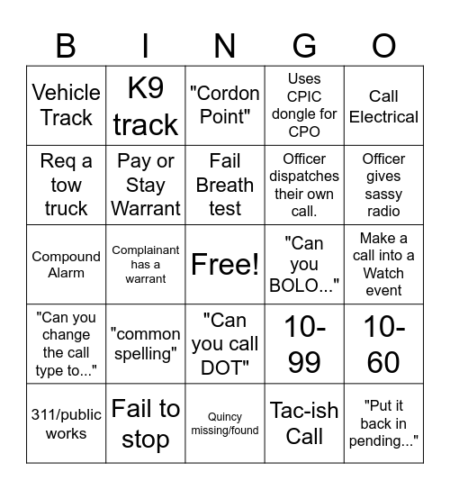 Police Dispatcher Bingo Card