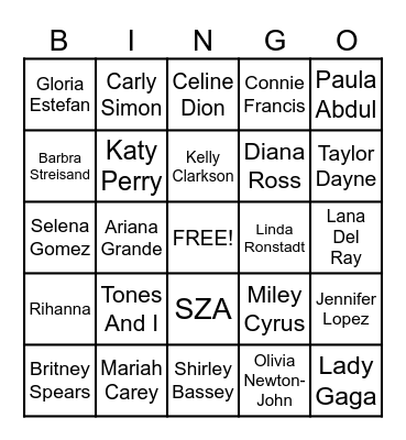 Female Artists Bingo Card