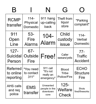 Police Dispatcher Bingo Card