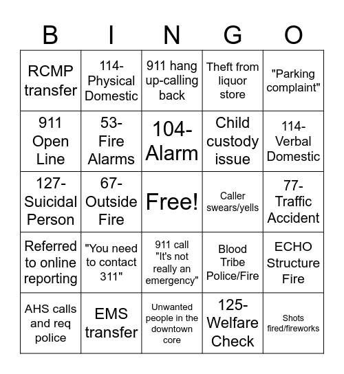 Police Dispatcher Bingo Card