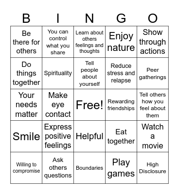 Close Relationships Bingo Card