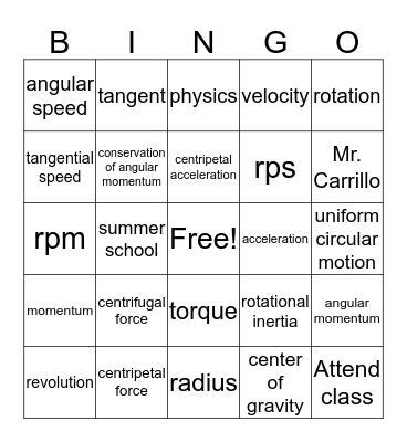 Circular Motion Bingo Card