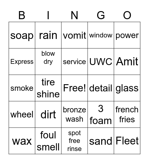 Car Wash Bingo Card
