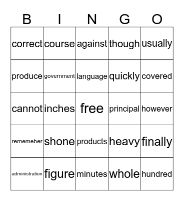 Sight Words Bingo Card
