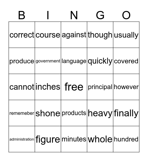 Sight Words Bingo Card