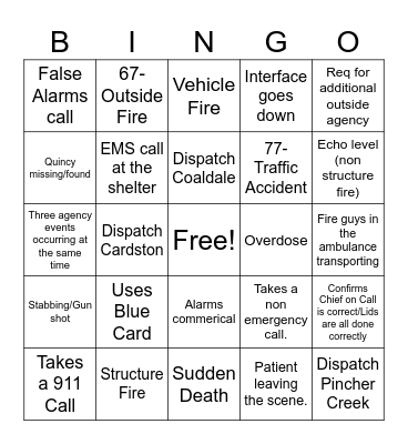 Fire Dispatch Bingo Card