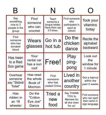 Family Vacation Bingo Card