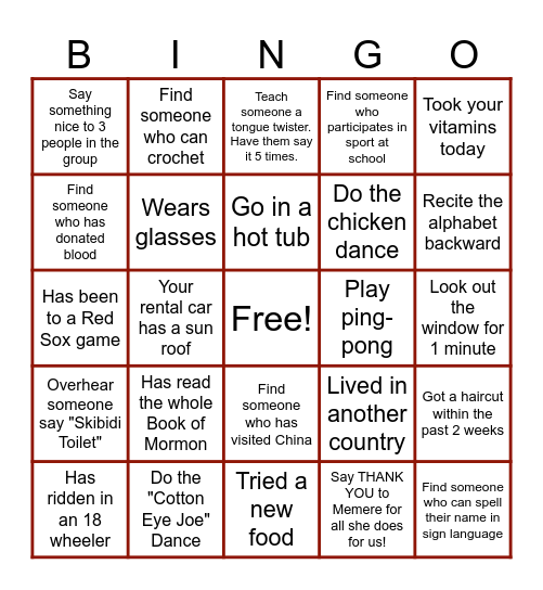 Family Vacation Bingo Card