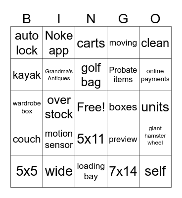 Nationwide Self Storage Bingo Card