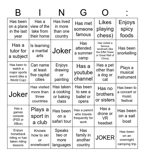 Get to Know Me Bingo Card