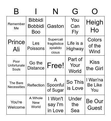 Disney Song Bingo Card
