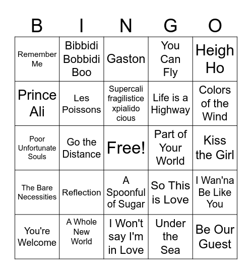 Disney Song Bingo Card