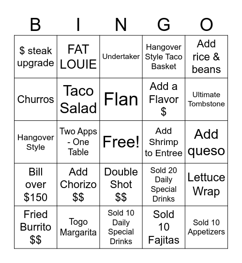 Cantina Dinner Bingo Card