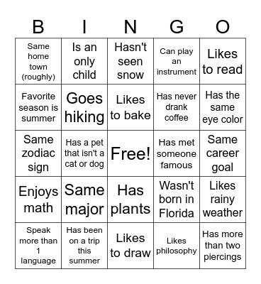 PHI2010 SI Student Bingo Card