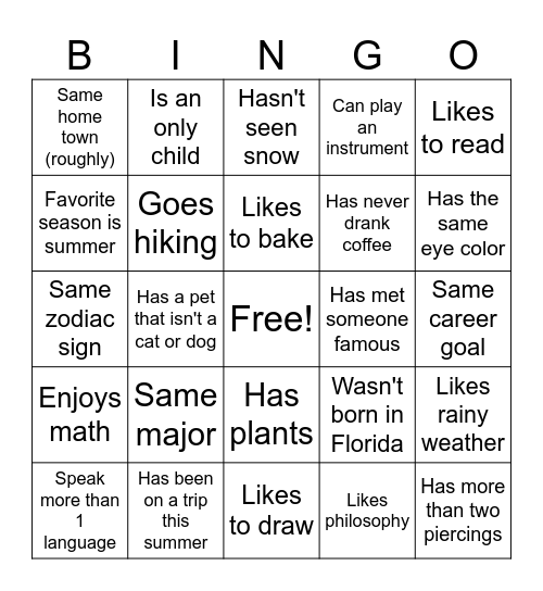 PHI2010 SI Student Bingo Card