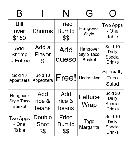 Cantina Dinner Bingo Card