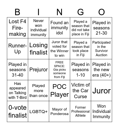 Inside Survivor 50 for 50 Bingo Card