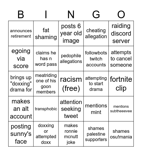 joshstar bingo Card