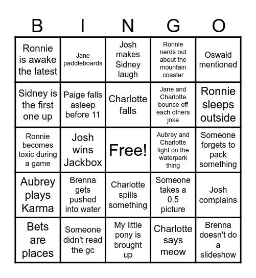 Cabin Bingo Card