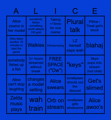 LZ Stream Bingo, don't spoil it to her, she doesn't know what's on it Bingo Card