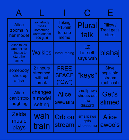 LZ Stream Bingo, don't spoil it to her, she doesn't know what's on it Bingo Card