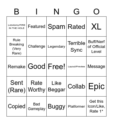 Geometry Dash Recent Tab BINGO Card