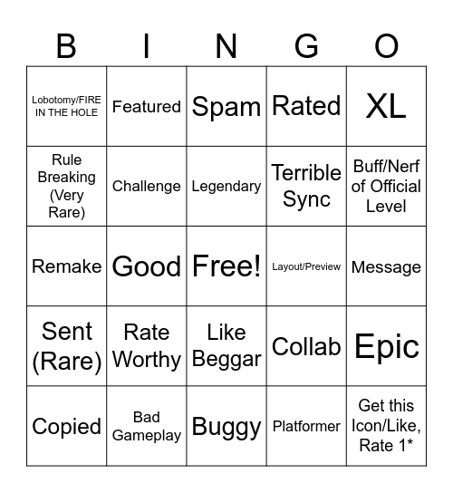 Geometry Dash Recent Tab BINGO Card