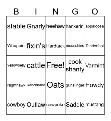 Western Hoedown Bingo Card