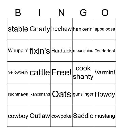 Western Hoedown Bingo Card