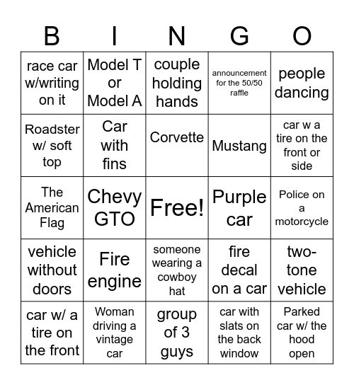 Car Rally Bingo Card