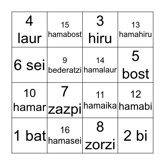 Basque Number Bingo Card