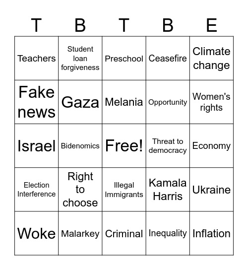 Presidential Debate 2024 Bingo Card