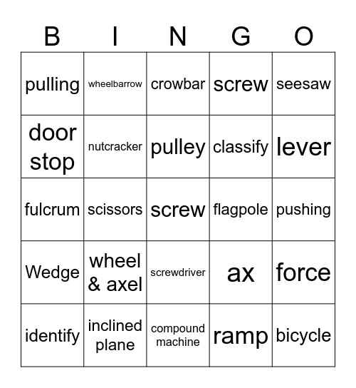 Simple Machines Bingo Card