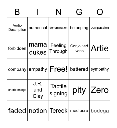Feeling Through / Zero Bingo Card