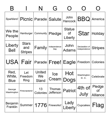 Fourth of July Bingo Card