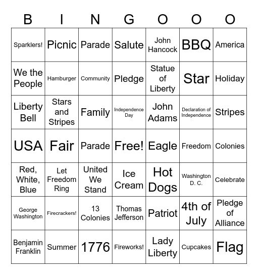 Fourth of July Bingo Card