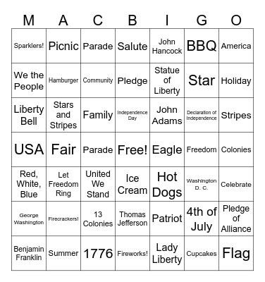 Fourth of July Bingo Card