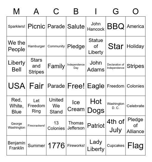 Fourth of July Bingo Card